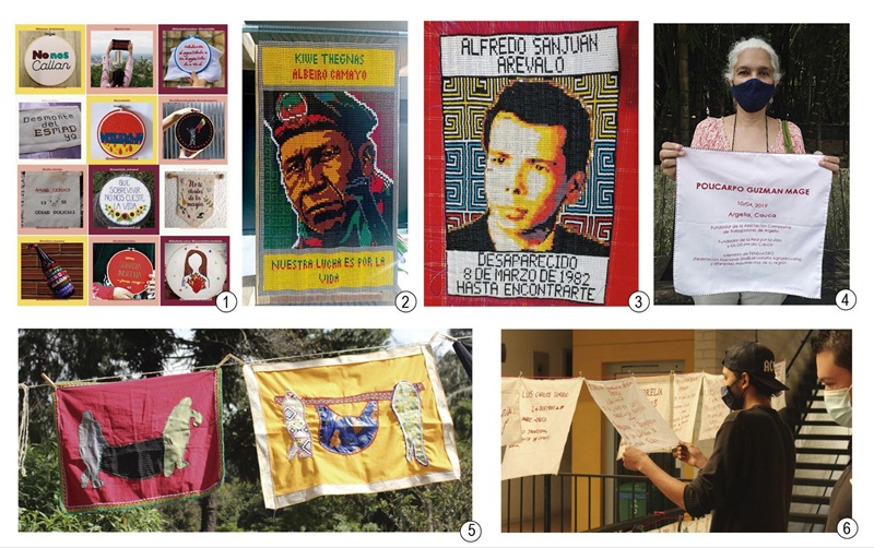 1) Captura de pantalla de la cuenta de Instagram
de Memoria textil; 2) retrato conmemorativo tejido con chaquiras, Tejidos Chakana; 3) retrato conmemorativo tejido con chaquiras,
Tejidos Chakana; 4) pa&ntilde;uelo bordado en memoria de Policarpo Guzm&aacute;n, El Ojo de
la Aguja; 5) columbarios textiles, costurero de las Verdades kil&oacute;metros de
Vida, Memoria y Paz; 6) instalaci&oacute;n de pa&ntilde;uelos, El Ojo de la Aguja