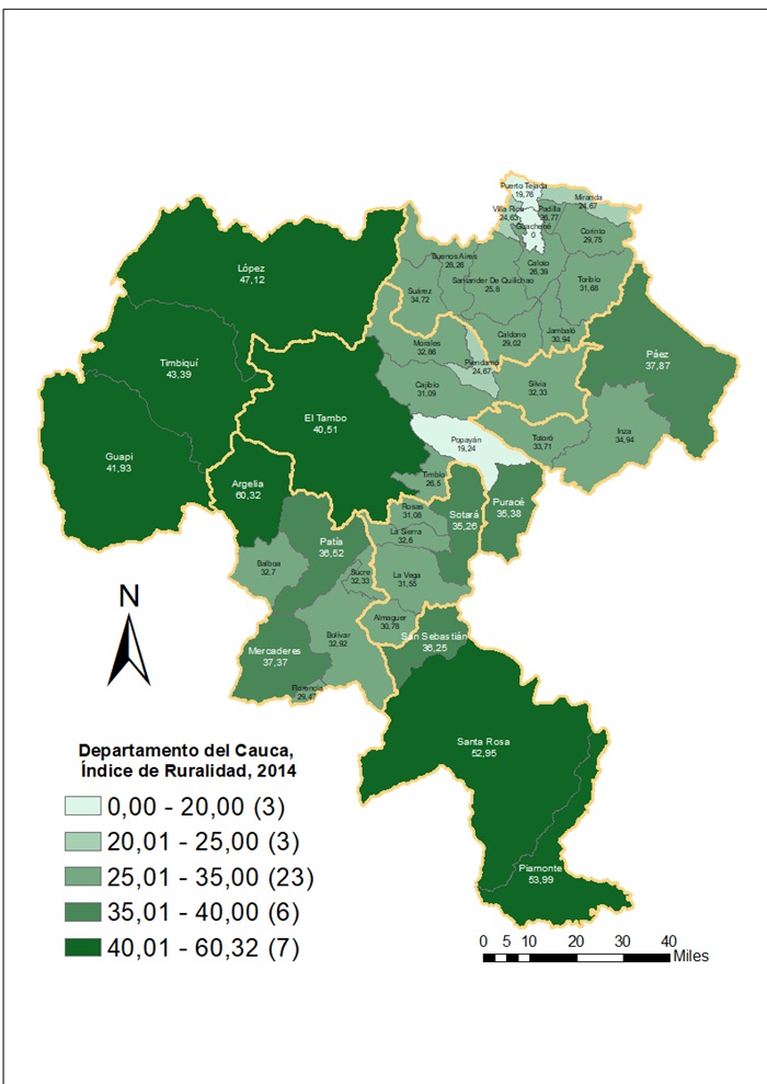 Departamento del Cauca. &Iacute;ndice de ruralidad, 2014
