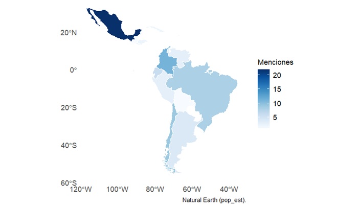  Menciones por pa&iacute;s en
art&iacute;culos sobre ARS en Latinoam&eacute;rica (2009-2022)