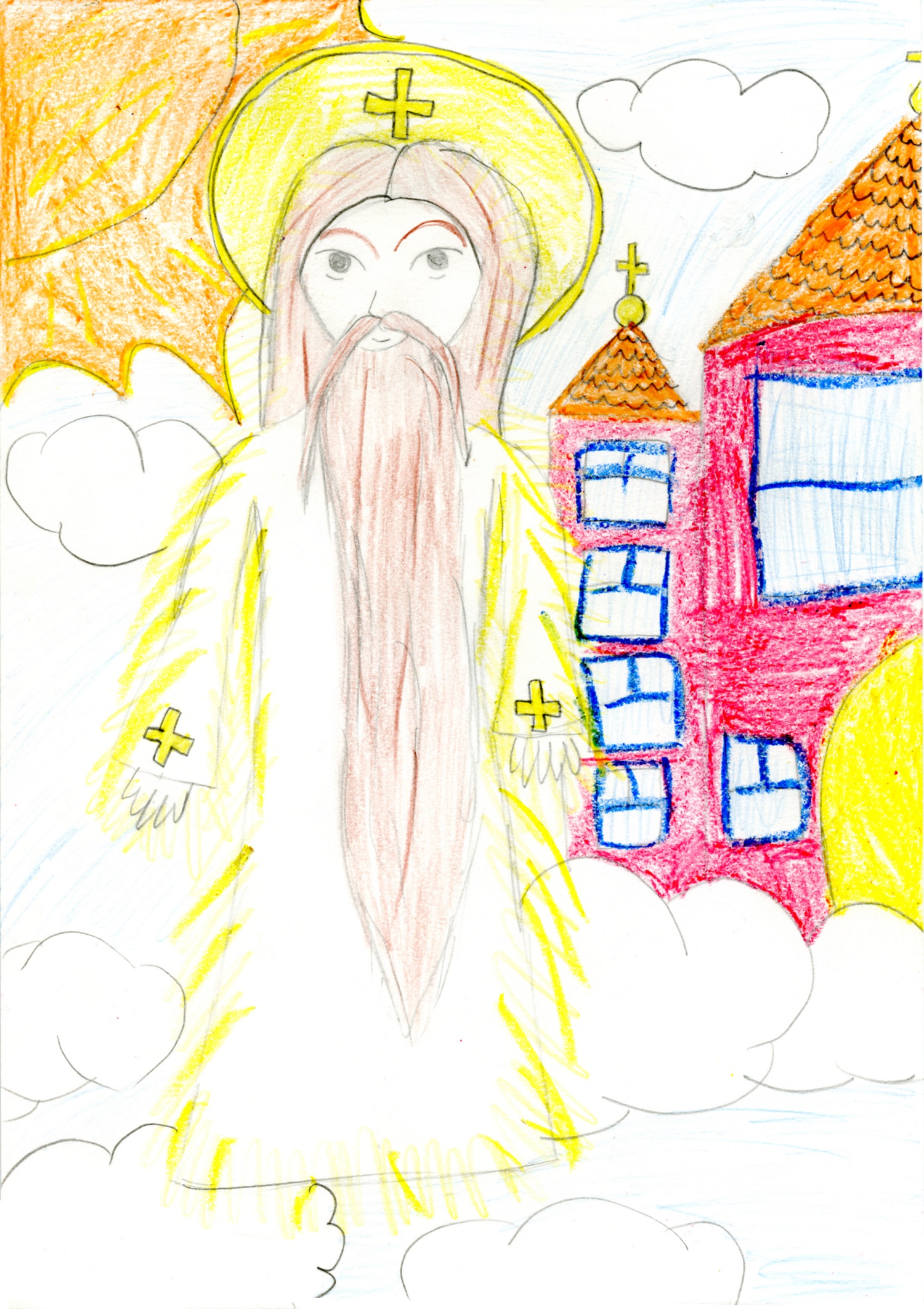 Anciano barbudo. Leyenda del niño: “Dibujé a Dios, dibujé el castillo, Dios y los ángeles viven allí”