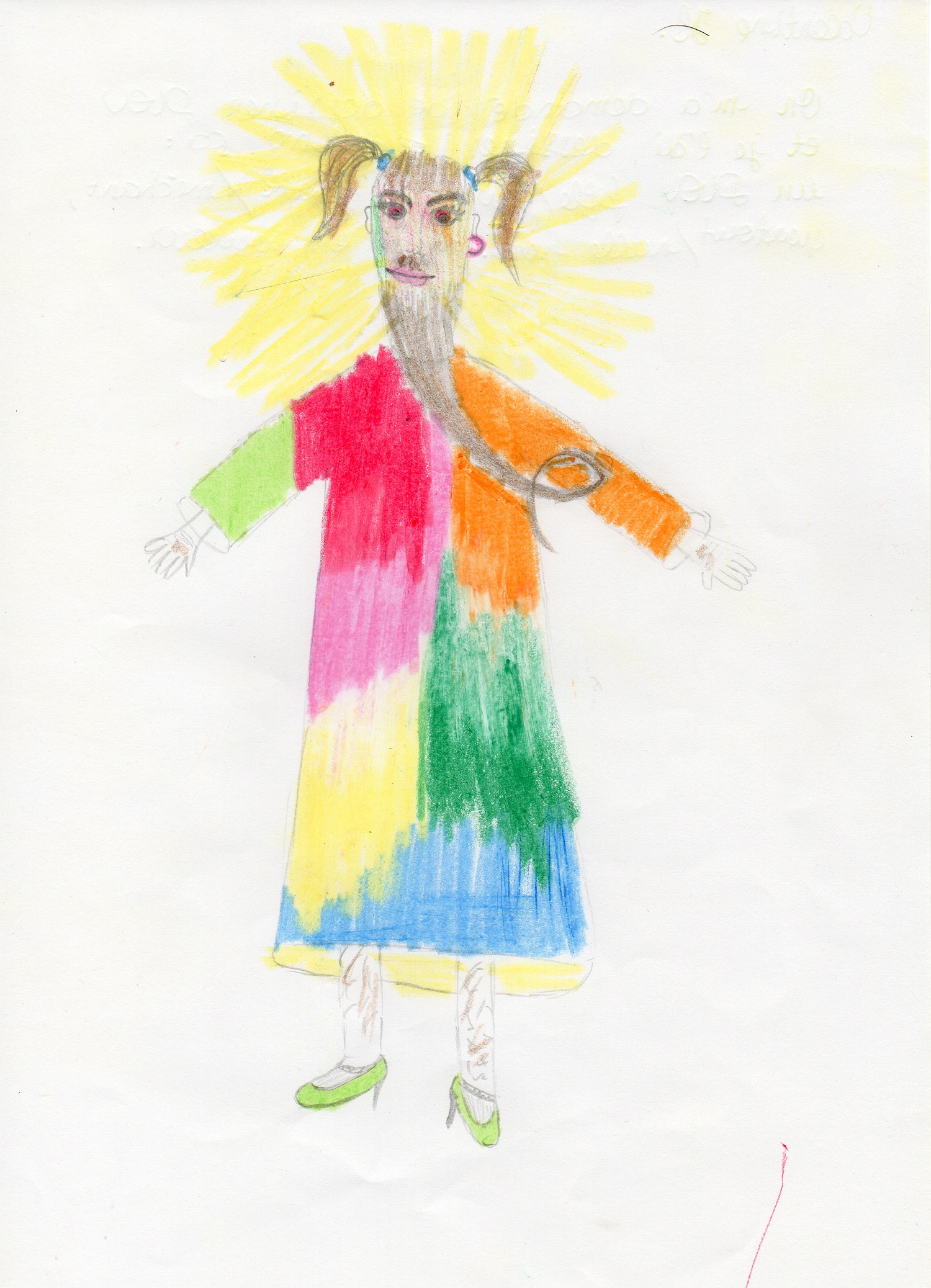 Figura divina asexual. Leyenda del niño: “Y lo dibujé así: un Dios niña/niño, bueno/malo, en cualquier parte/en ninguna parte. Más todo en color”