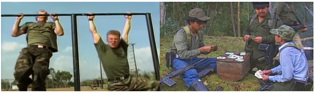 Imágenes tomadas de la serie por los autores. A la izquierda se ven dos soldados en su jornada diaria de entrenamiento físico, y a la derecha a los bandoleros jugando cartas, dedicando su tiempo al ocio