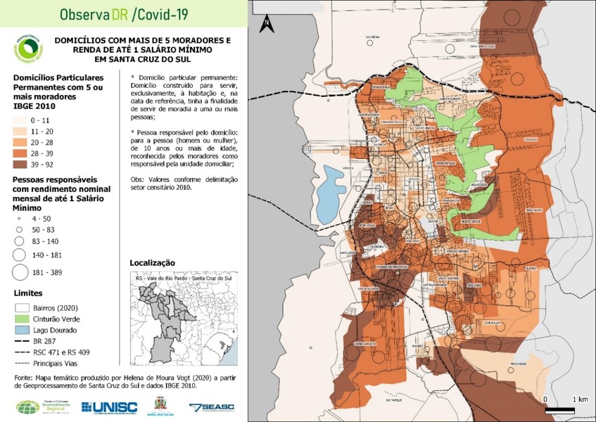 Domicílios com mais de 5 moradores e renda de até 1 salário-mínimo em Santa Cruz do Sul, RS
