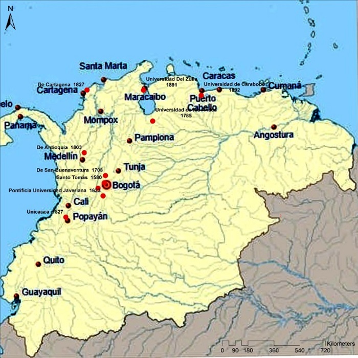 Distribución territorial de las principales ciudades y universidades (la Gran Colombia) en el siglo XVIII