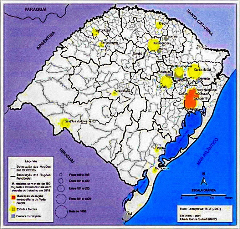 Rio Grande do Sul: as 31 cidades com mais de 100 migrantes internacionais com vínculo formal de emprego, 2019.