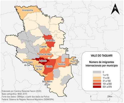 Imigrantes internacionais registrados no Registro Nacional Migratório (RNM) no Brasil, entre 2010 e 2019, por município de residência Região do Vale do Taquari/RS.
