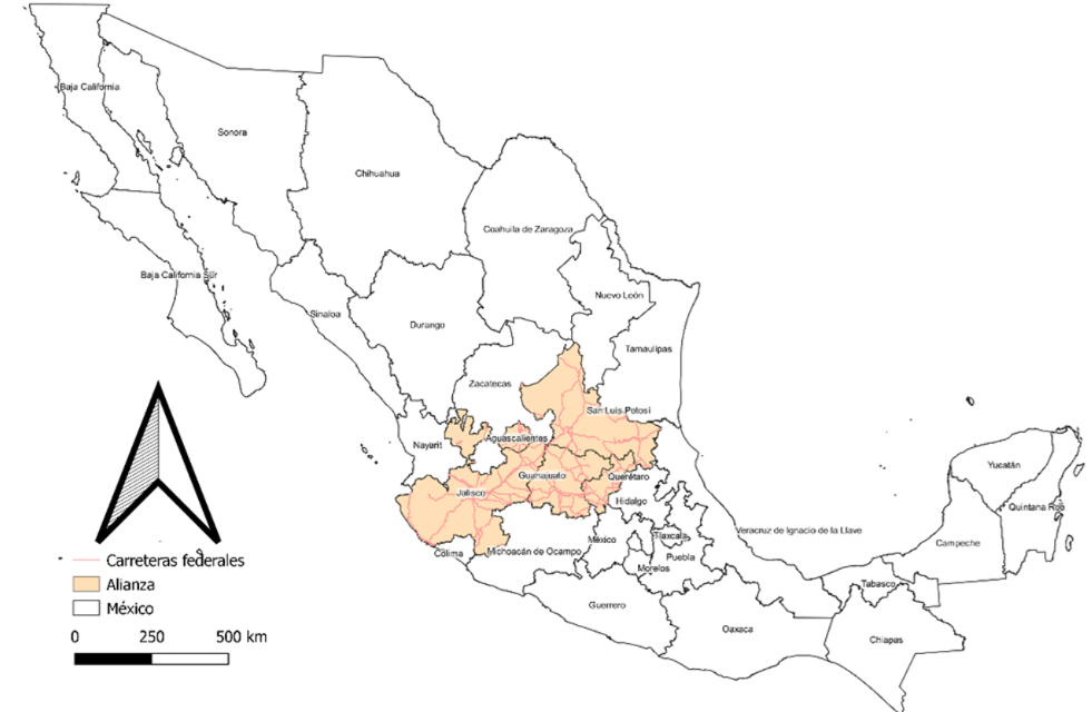 Marco geoestadístico básico con carreteras federales de la alianza