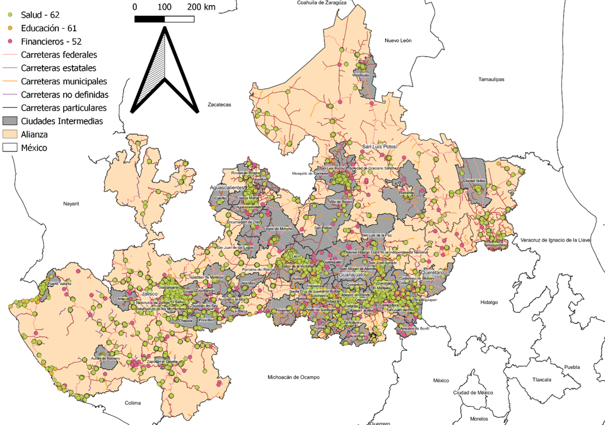 Puntos de acceso a servicios básicos urbanos y red de caminos en la alianza