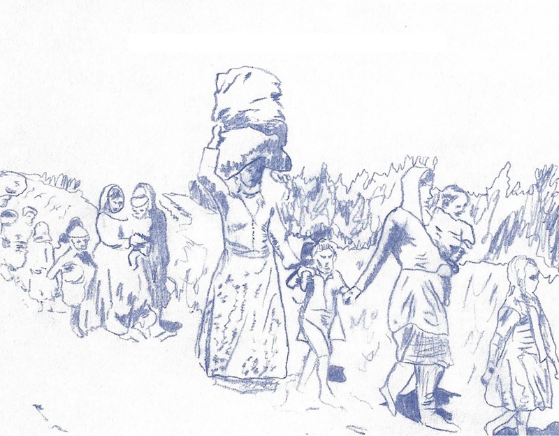 Fila
de mujeres y niñas siendo expulsadas de su pueblo