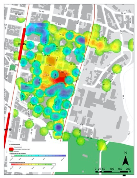 
Contrast of the report of alcohol consumption by PUJ students in the
surrounding area of the campus with the density of alcohol outlets
