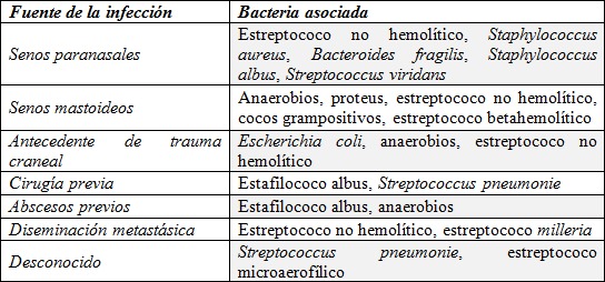 
Microorganismos causales de empiemas subdurales según foco de diseminación (6) 

 
