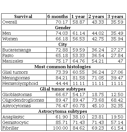 Adult survival: overall, by city, by gender, histology, glial tumor, astrocytoma subtypes (in percentages)