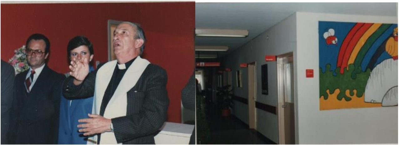 Izquierda: inauguración del Servicio por el padre Jorge Hoyos, S.J., rector de la Pontificia Universidad Javeriana en compañía de los benefactores, señor Arturo Calle en compañía de su esposa, 22 de enero de 1986. Derecha: piso tercero sur y mural realizado por los estudiantes