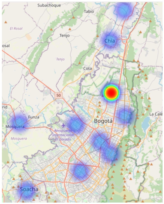 Heat map of
the geographic distribution of bioethanol-related events in Bogotá and
surrounding municipalities