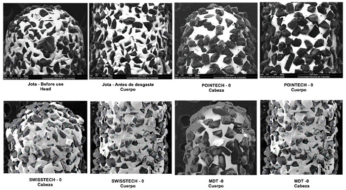 Cortes de microscopía electrónica
de barrido en fresas antes de las pruebas de corte). Marcas marcas comerciales Jota®, Pointech®, Swisstech® y MDT®