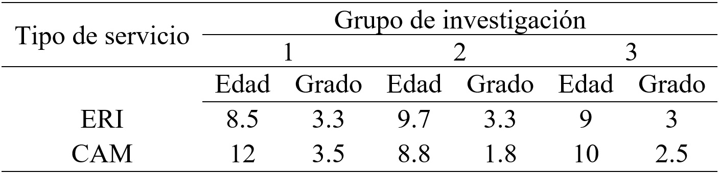 
Comparación de edades y grados que cursan
los alumnos de acuerdo con el tipo de servicio (elaboración propia)
