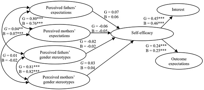 Path model depicting influence of perceived family expectations and
gender stereotypes
