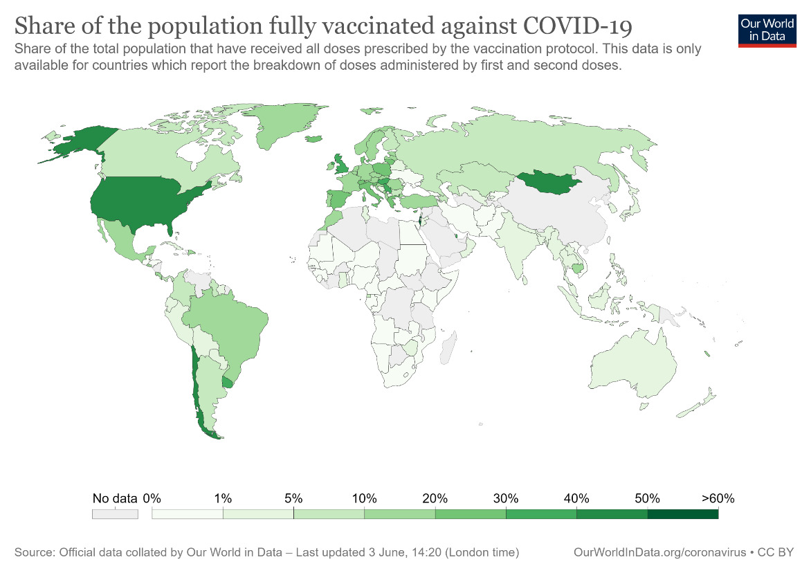 Mapa de países con personas más vacunadas contra la covid-19