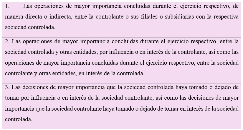 Supuestos del informe especial que debe presentar
la empresa matriz al grupo